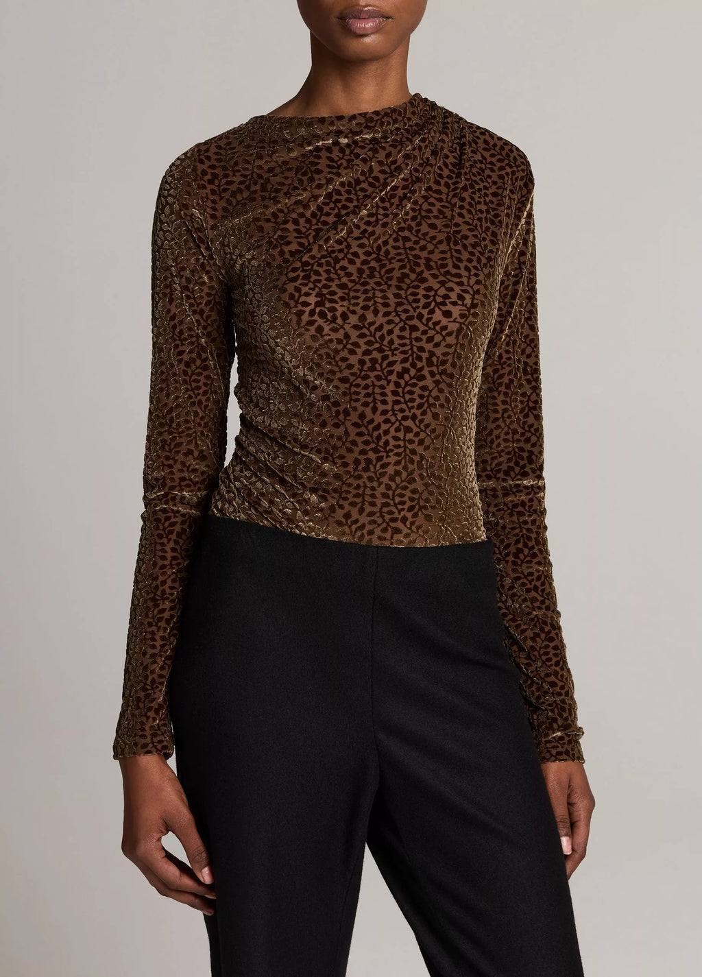 Vince Velour Burnout Draped Long-Sleeve Top