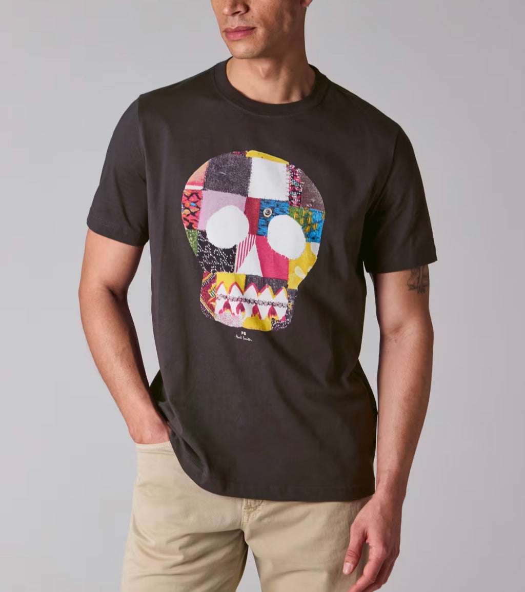 Paul Smith Charcoal Grey Fabric Skull Print T-Shirt