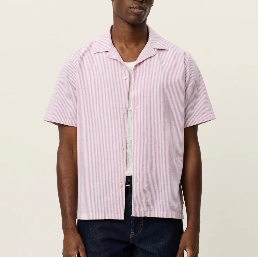 Les Deux Lucas Strip Cotton Linen Short-Sleeve Shirt